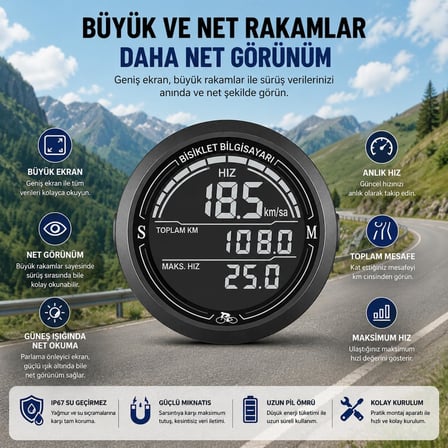 Bisiklet Bilgisayarı KM Saati Hız ve Mesafe Ölçer Su Geçirmez Ledli LCD Ekranlı Kablolu
