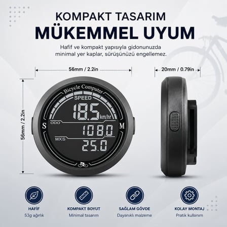 Bisiklet Bilgisayarı KM Saati Hız ve Mesafe Ölçer Su Geçirmez Ledli LCD Ekranlı Kablolu
