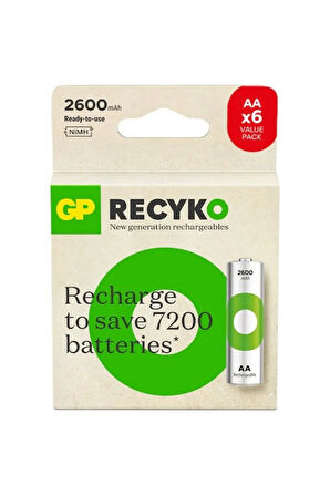 Batteries ReCyko 2600mAh AA Kalem Ni-Mh Şarjlı Pil, 1.2 Volt, 6’lı Kart