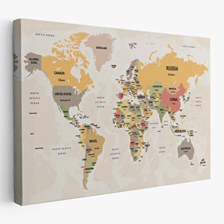 Harita Sepeti Dünya Haritası Kanvas Tablo Ülke Başkentli ve Okyanus Detaylı Tablo2751