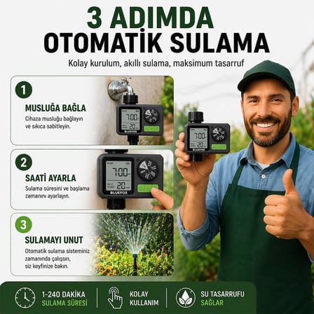 Bluefox Dijital Sulama Zamanlayıcı – Programlanabilir Bahçe Sulama Cihazı, Otomatik Hortum &amp; Musluk Tipi Timer, LCD Ekran, Manuel Mod + Rain Delay, 3/4 Bağlantı, Pilli Dış Mekan Sulama Kontrol Cihazı