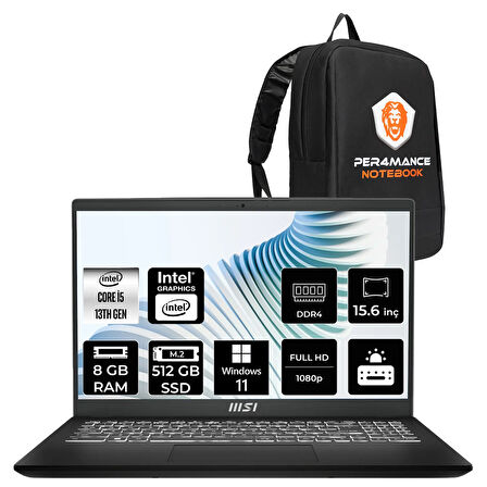 MSI Modern 15 H i5 13420H 8GB 512GB SSD 15.6" FHD W11P Taşınabilir Bilgisayar & ÇANTA