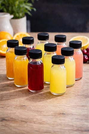 10 Adet 60 ml Kilitli Siyah Kapaklı Şeffaf Detox Shot Şişesi 60 Cc Ginger Şat Beyaz Cam Şişe