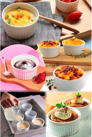 Beyaz Seramik Sufle Kabı Seti, Isıya Dayanıklı Rölyefli Fırın ve Sunum Kasesi, 6 Parça