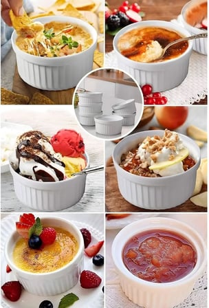 Beyaz Seramik Sufle Kabı Seti, Isıya Dayanıklı Rölyefli Fırın ve Sunum Kasesi, 6 Parça