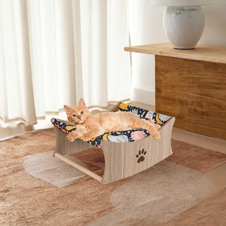 Gobypet Kedi Hamak Yatağı Ahşap Kedi Salıncağı Paspaslı Yükseltilmiş Evcil Hayvan Dinlenme Alanı