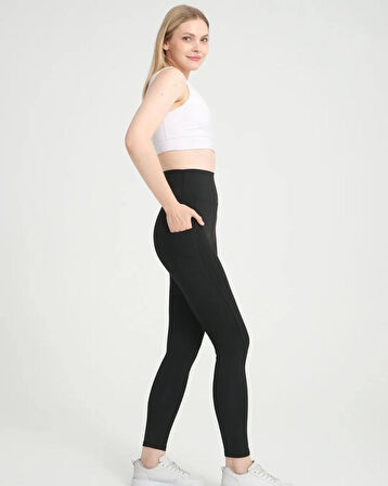 KADIN SİYAH SPOR TAYT YÜKSEK BEL ÇİFT CEPLİ SIKILAŞTIRICI TOPARLAYICI ORİJİNAL KESİM SPOR LEGGİNGS 