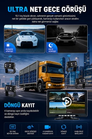 10'' INÇ 4 Kameralı Monitörlü Tır Kamyon Otobüs Servis Karavan İçin Kablosuz Araç Seti