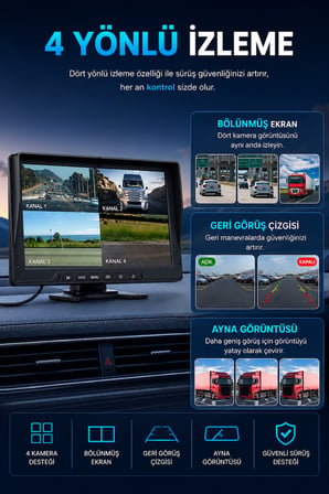 10'' INÇ 4 Kameralı Monitörlü Tır Kamyon Otobüs Servis Karavan İçin Kablosuz Araç Seti