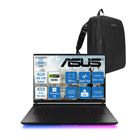 Asus Rog Strix Scar 18 G835LX-SA156 Intel Core Ultra 9 275HX Aı 96GB GB 4tb SSD +4tb SSD 24GB/RTX5090 Gddr7 175W 18" 2.5k 2560 x 1600 240Hz 3ms 1200NITS Windows 11 Home Laptop WSA156H48+ZETTAÇANTA