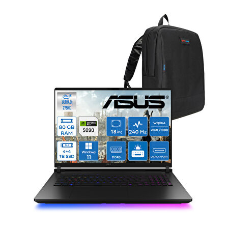 Asus Rog Strix Scar 18 G835LX-SA156 Intel Core Ultra 9 275HX Aı 80GB GB 4tb+4tb SSD 24GB/RTX5090 Gddr7 175W 18" 2.5k 2560 x 1600 240Hz 3ms 1200NITS Windows 11 Pro Laptop WSA156W40+ZETTAÇANTA