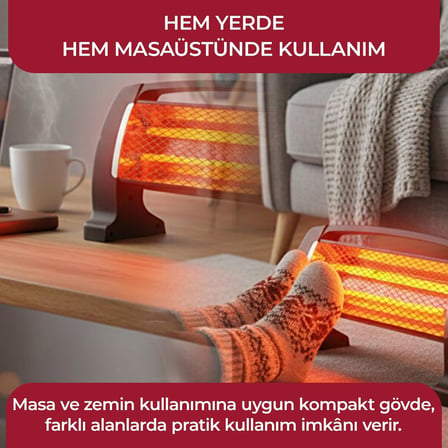 SFH-3399 1000W (2x500W) Quartz Isıtıcı | 2 Kademeli Isı Ayarlı, Devrilme Emniyetli, Masa ve Yer Tipi Hızlı Isıtıcı