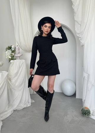 Ekose Tüvit Cepli Mini Elbise - Uzun Kollu Kadın Elbise
