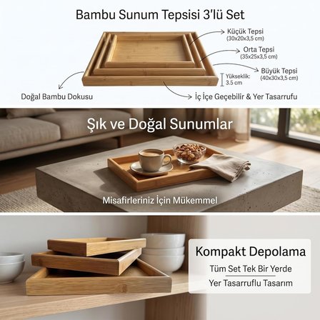 Doğal Bambu Sunum Tepsisi Seti, İç İçe Geçebilir Dikdörtgen Servis Tepsisi, 3'lü Set, 40x30, 35x25, 30x20 cm