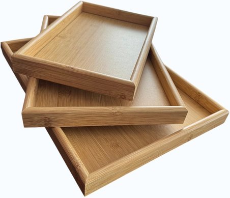 Doğal Bambu Sunum Tepsisi Seti, İç İçe Geçebilir Dikdörtgen Servis Tepsisi, 3'lü Set, 40x30, 35x25, 30x20 cm
