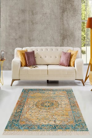 Pelangi Osmanlı Motifler Desenli Yıkanabilir Kaymaz Taban Salon Halısı, Bej 160 x 230