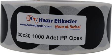 PP Opak Daire Çap Etiketi Rulo Etiket, 30mm x 30mm Çap 1000 Adet, Yuvarlak Siyah Zemin Baskılı Kontrol Etiketi