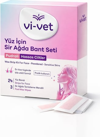 Vi-Vet Yüz için Sir Ağda Bant Seti, Pudralı, Hassas Ciltler, 24 Yüz Bandı ve 3 Temizleme Mendili
