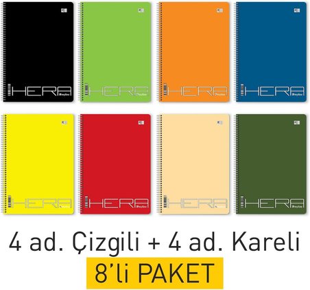 A4 Spiralli Okul Defteri 8’li Set – 4 Çizgili + 4 Kareli – 72 Yaprak (144 Sayfa)