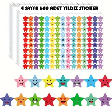 Yıldız Sticker Çıkarma Seti,600 Adet 4 Syf Okul Tebrik Stickerı,Öğretmen Öğrenci Hediyesi, Renkli