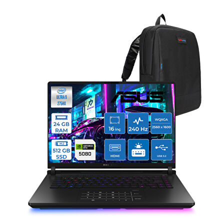 Asus Rog Strix Scar 16 G635LW-RW141 Intel Core Ultra 9 275HX Aı 24GB GB 512GB SSD 16GB/RTX5080 Gddr7 175W 16" 2.5k (2560X1600,WQXGA) 240Hz 3ms 1200NITS Freedos Laptop WSA141F01+ZETTAÇANTA