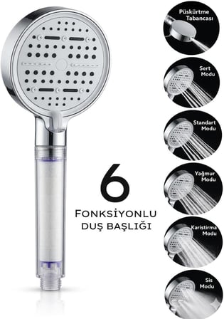 Multi 6 Fonksiyonlu Spa Etkili Filtreli Duş Başlığı Yüksek Basınçlı Su Tasarruflu Klor ve Kireç Önleyici El Duşu, Handshower (Art Deco)