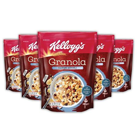 Kellogg's Granola Karışık Meyveli 340 Gr x 5 Adet, %45 Yulaf içerir, Lif Kaynağı, %20 Kurutulmuş Meyve