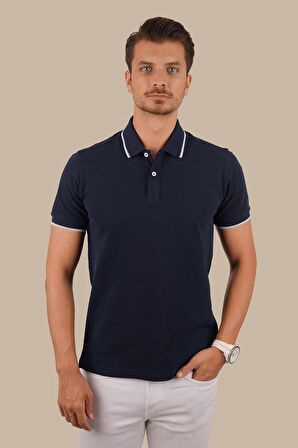 Lacivert Gri Yaka Çizgili Polo Tişört