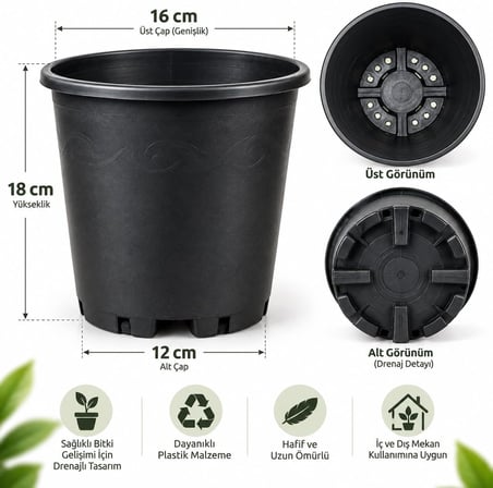 3L Üretim Saksısı — Ø16 Siyah Plastik Saksı — Fidan, Çiçek, Yetiştirme Kabı