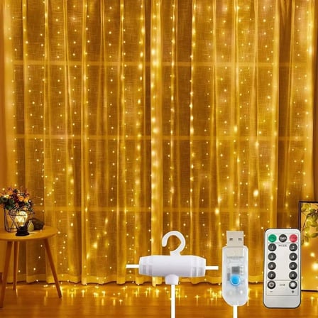 3x3 Metre Perde Led Işık, 300 Ledli 10 Sarkıtlı Dekoratif Peri Led, Uzaktan Kumandalı ve 8 Fonksiyonlu, USB Girişli Günışığı (Sarı) Duvar ve Perde Aydınlatması