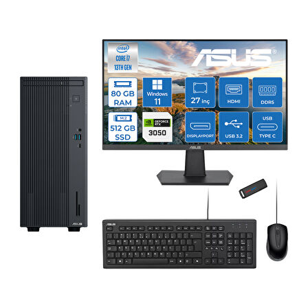 Asus Expertcenter P500MV Intel Core I7-13620H 80GB Ddr5 512GB SSD WIN11PRO 6GB/RTX3050 100HZ IPS 27" Mon Minitower Masaüstübilgisayar WM7136216512B0DW27+ZETTAUSBBELLEK