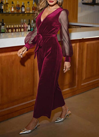 MDB Kadın Uzun Kollu Kruvaze Yakalı Belden Kuşaklı Tül Detaylı Kadife Tulum