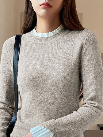 MDB Kadın Uzun Kollu Fırfırlı Yakalı Triko Krem Bluz