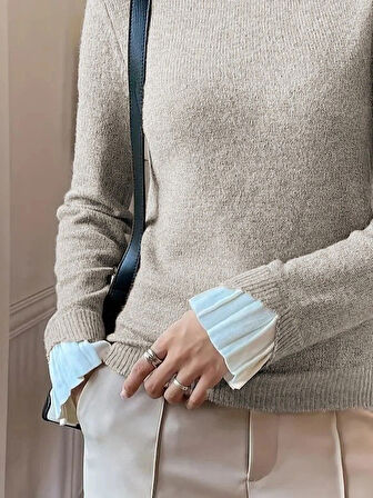 MDB Kadın Uzun Kollu Fırfırlı Yakalı Triko Krem Bluz