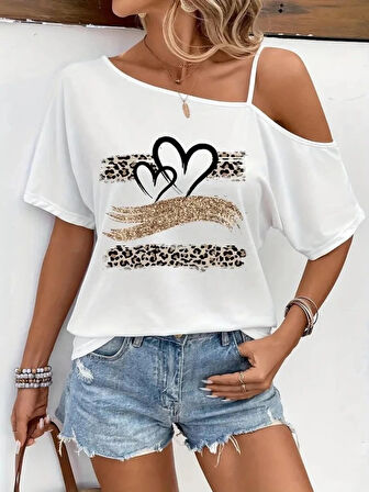 MDB Kadın Tek Omuzu Açık Ip Askılı Baskılı Viskon Bluz