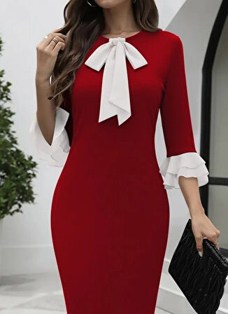 MDB Kadın Truvakar Kollu Fiyonk Yakalı Midi Ithal Krep Elbise