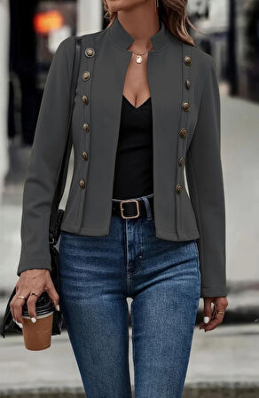 MDB Kadın Uzun Kollu Hakim Yaka Yanlardan Düğmeli Kısa Süet Ceket