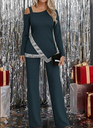 MDB Kadın Tek Omuzdan Açık Uzun Kollu önü Pulpayet Ithal Krep Bluz Ve Pantolon