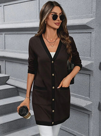 MDB Kadın Uzun Kollu Cepli önden Düğmeli Uzun Modal Ceket Hırka