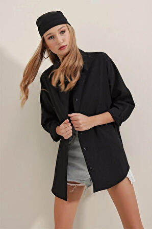 MDB Siyah Oversize Uzun Basic Gömlek 3900