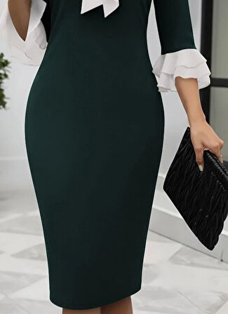 MDB Kadın Truvakar Kollu Fiyonk Yakalı Midi Ithal Krep Elbise