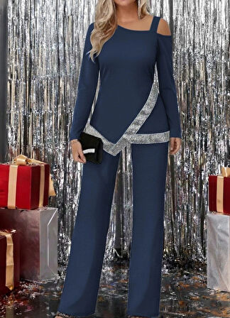 MDB Kadın Tek Omuzdan Açık Uzun Kollu önü Pulpayet Ithal Krep Bluz Ve Pantolon