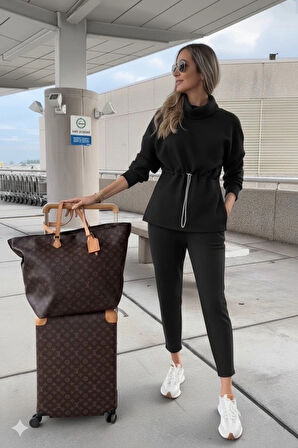 MDB Kadın Uzun Kollu Balıkçı Yaka Belden Lastikli Modal Bluz Ve Pantolon Ikili Takım