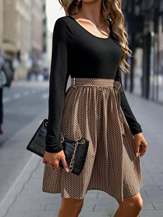 MDB Kadın Uzun Kollu Yuvarlak Yaka üst Viskon Alt Süprem Midi Elbise