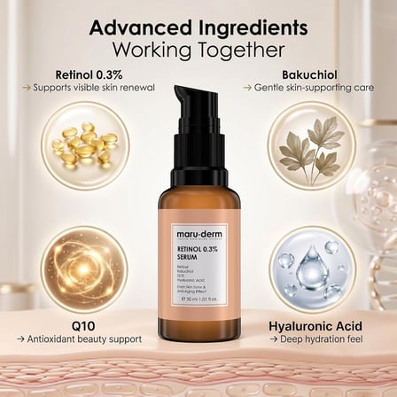 Maruderm Retinol%0.3 Su Bazlı Cilt Yenileyici Bakım Serumu – Bakuchiol, Q10 &amp; Yeşil Çay ile İnce Çizgi Karşıtı, Aydınlatıcı Yüz Serumu, 30 ML