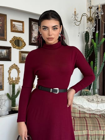 Triko Kemerli Balıkçı Yaka Elbise - Uzun Kollu Kadın Elbise