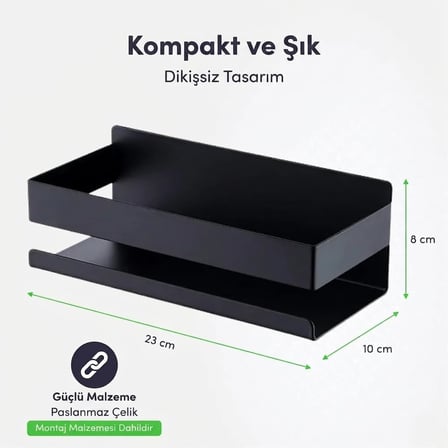 MallArt® Siyah Paslanmaz Metal Banyo Rafı - 3M Yapışkanlı Duş Rafı ve Mutfak Düzenleyici Organizer - Matkap Gerektirmeyen Kolay Montaj