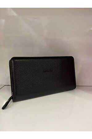 Unisex Siyah Hakiki Deri Telefon Bölmeli Cüzdan