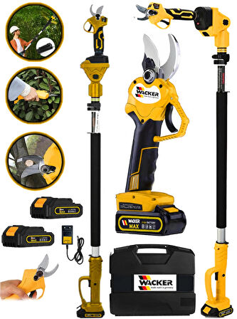 Wacker Pro Alman W-4580-S Teleskop Uzatmalı + Çift Akü 10 Pilli Bağ Budama Makası 32 MM Çelik Bıçak