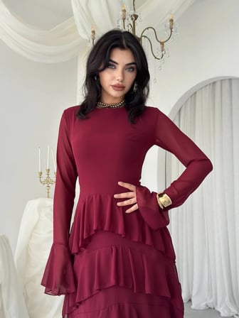 Katmanlı Volanlı Şifon Uzun Elbise - Uzun Kollu Kadın Elbise